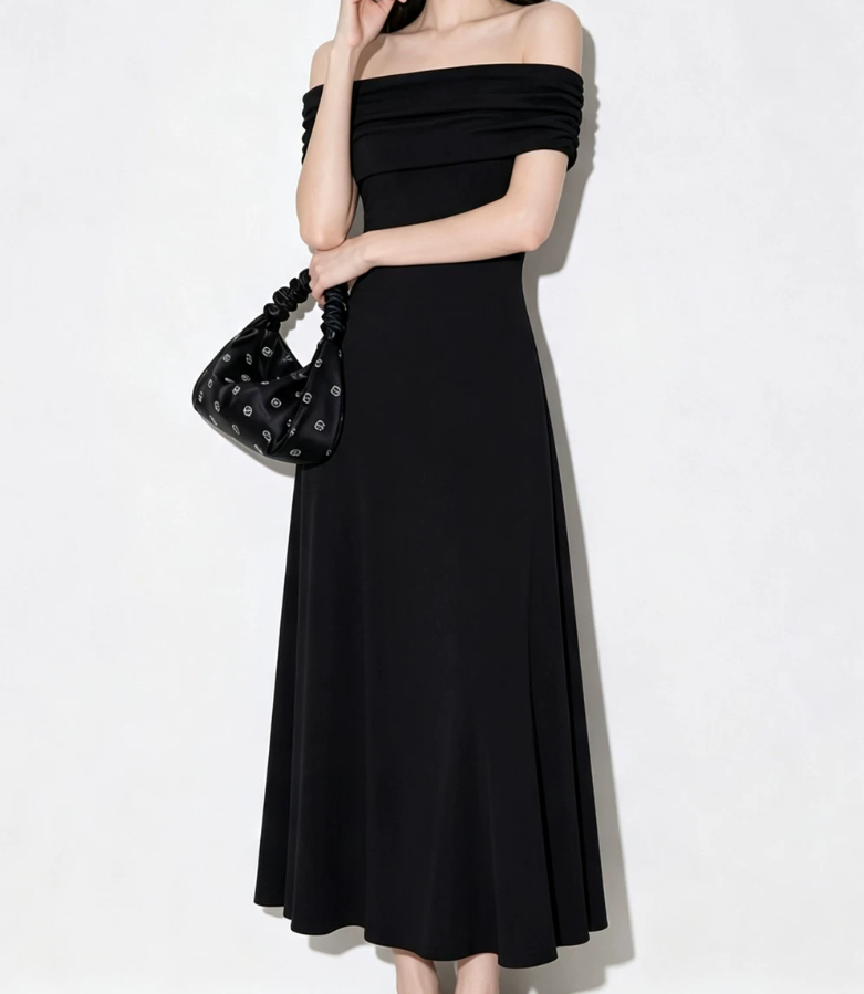 Vintage Off-Shoulder Prom Dress Black A-Line Evening Dress C9542