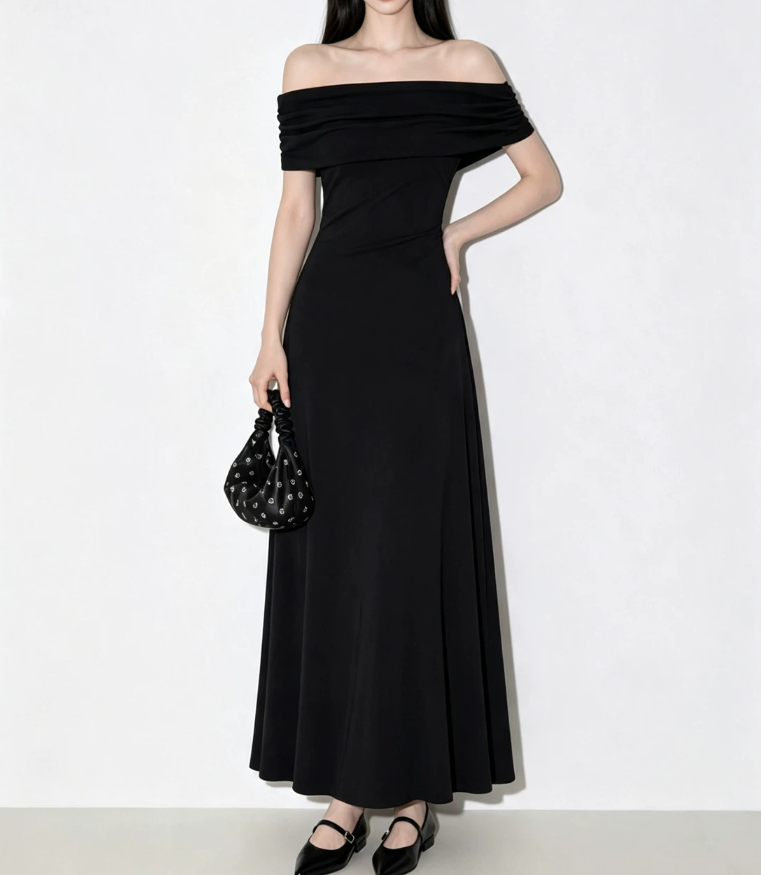 Vintage Off-Shoulder Prom Dress Black A-Line Evening Dress C9542