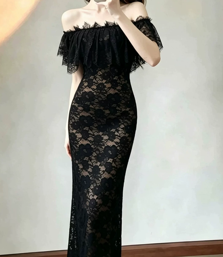 Unique Off-Shoulder Prom Dress Black Lace Mermaid Evening Dress C9543