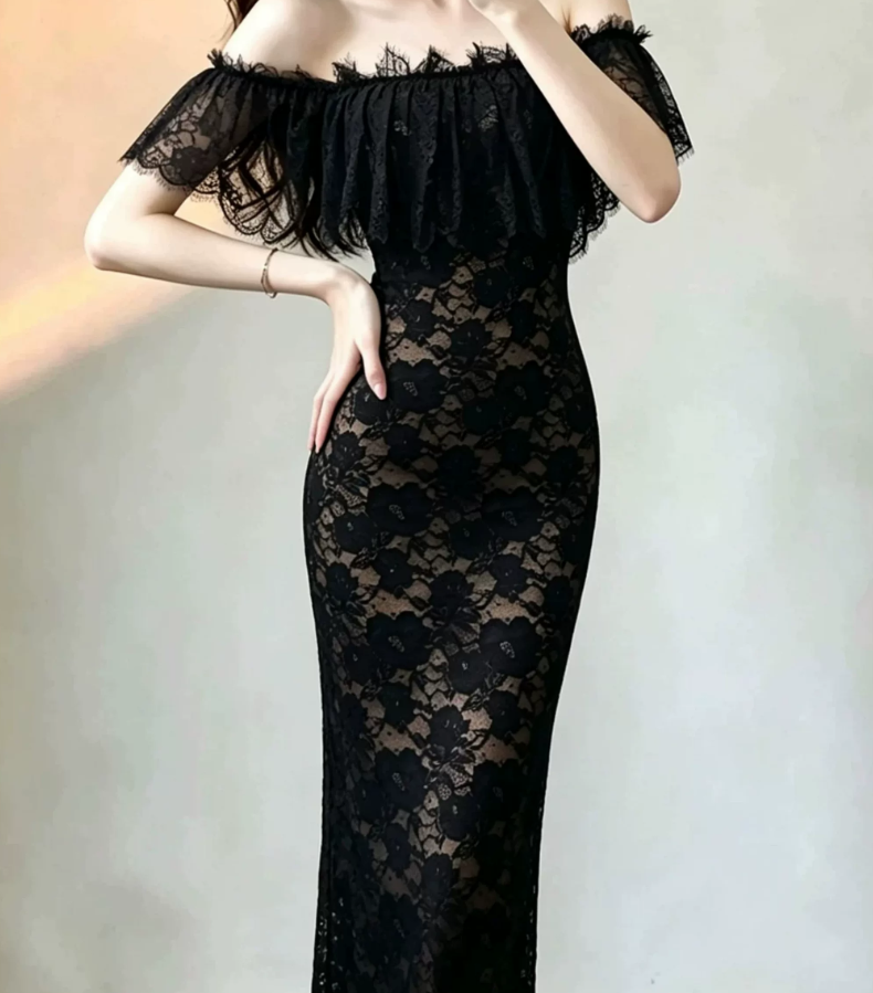 Unique Off-Shoulder Prom Dress Black Lace Mermaid Evening Dress C9543