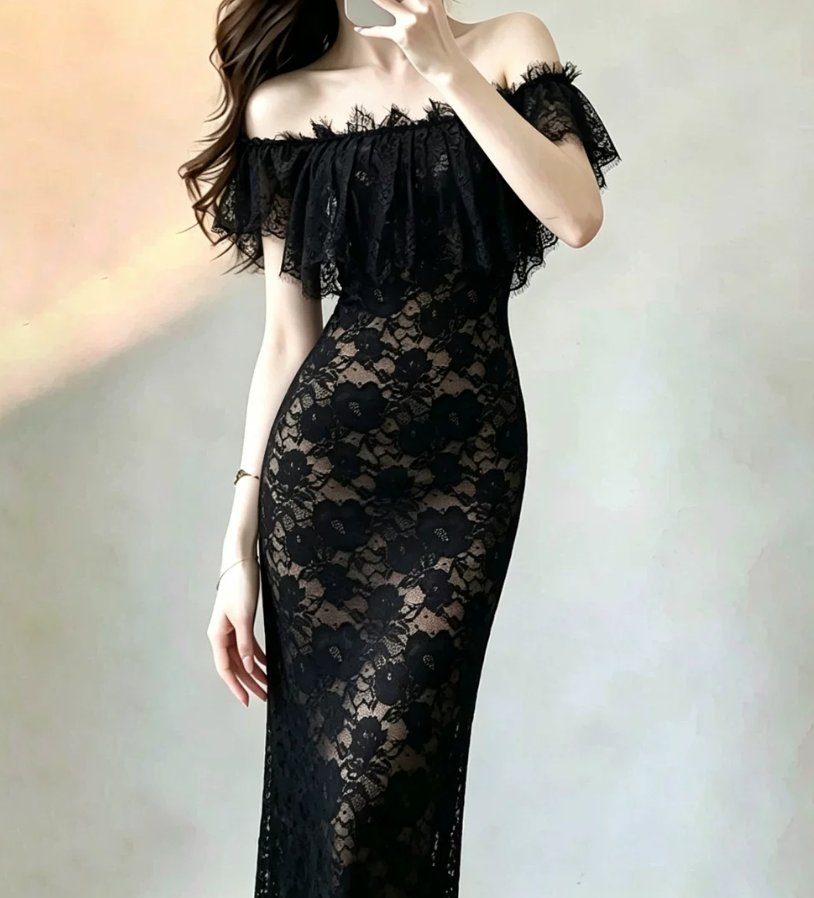 Unique Off-Shoulder Prom Dress Black Lace Mermaid Evening Dress C9543