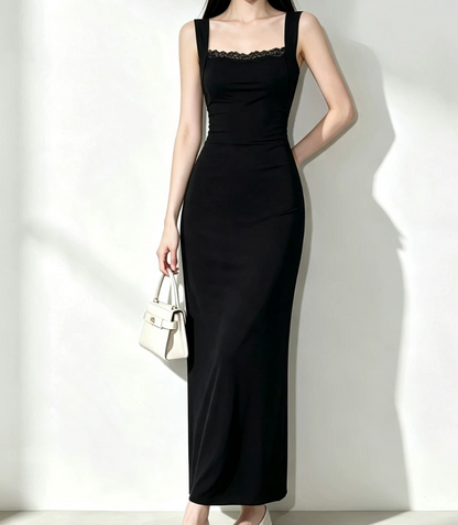 Vintage Spaghetti Strap Prom Dress Lace Black Mermaid Evening Dress C9544