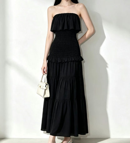 Charming Strapless Prom Dress Black Ruffles A-Line Evening Dress C9545