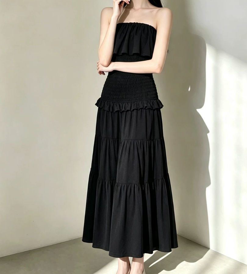Charming Strapless Prom Dress Black Ruffles A-Line Evening Dress C9545