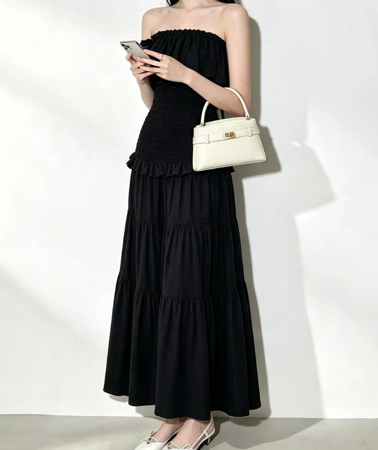 Charming Strapless Prom Dress Black Ruffles A-Line Evening Dress C9545