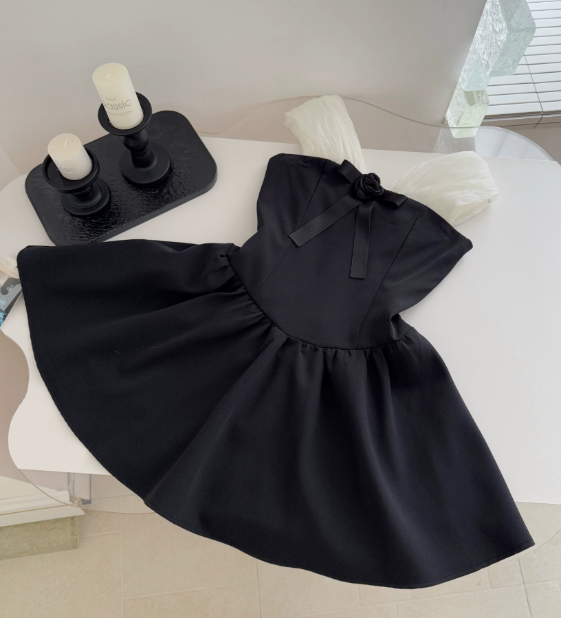 Sweet Off-Shoulder Homecoming Dress Bow Black A-Line Party Dress C9546