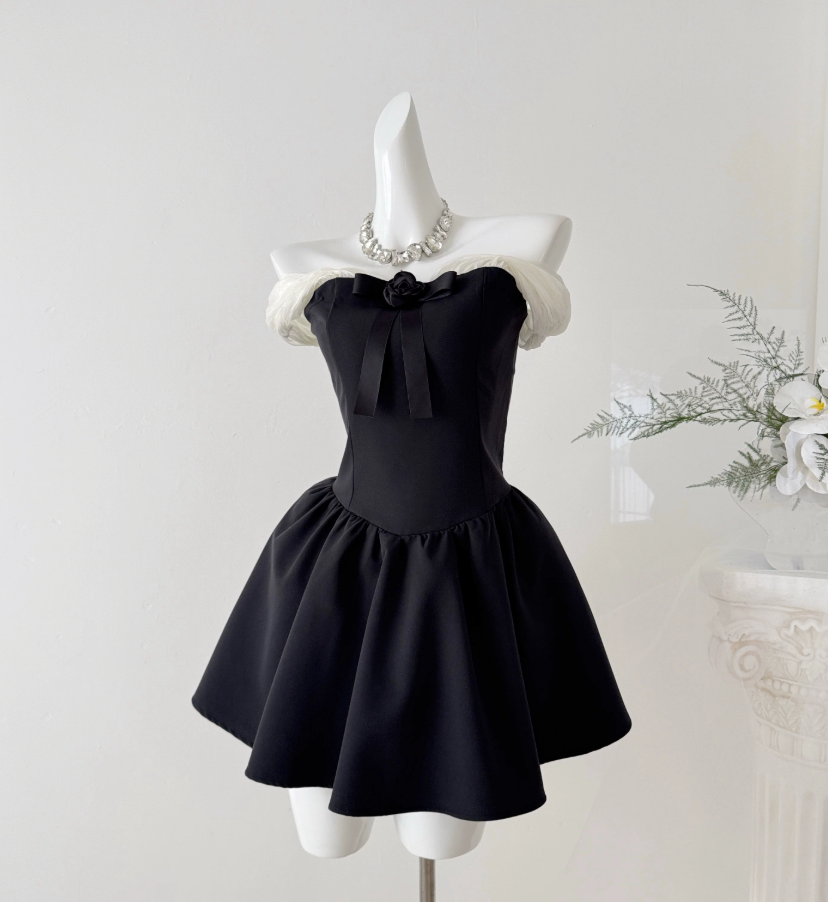 Sweet Off-Shoulder Homecoming Dress Bow Black A-Line Party Dress C9546