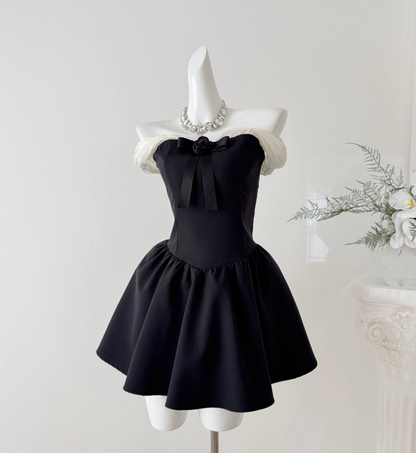 Sweet Off-Shoulder Homecoming Dress Bow Black A-Line Party Dress C9546