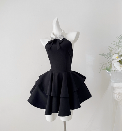 Chic Halter Neck Beaded Homecoming Dress Bow Black A-Line Party Dress C9547