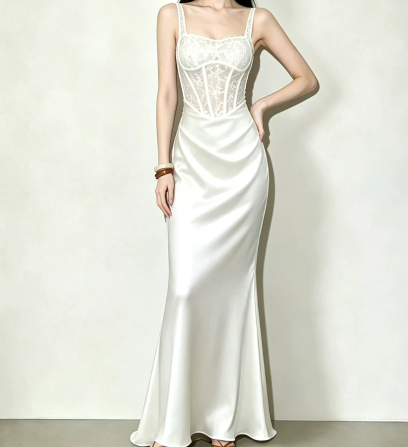 Glam Spaghetti Strap Prom Dress Lace White Mermaid Evening Dress C9548