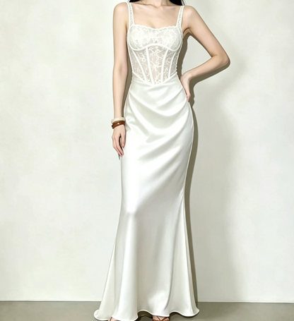 Glam Spaghetti Strap Prom Dress Lace White Mermaid Evening Dress C9548