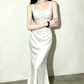 Glam Spaghetti Strap Prom Dress Lace White Mermaid Evening Dress C9548