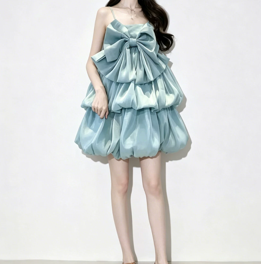 Cute Spaghetti Strap Green Homecoming Dress Bow Tiered A-Line Party Dress C9550