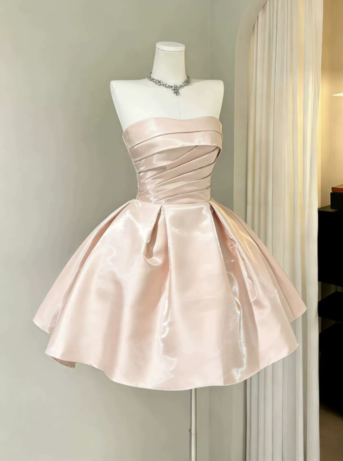 Glam Strapless Pink Homecoming Dress Satin A-Line Party Dress C9551