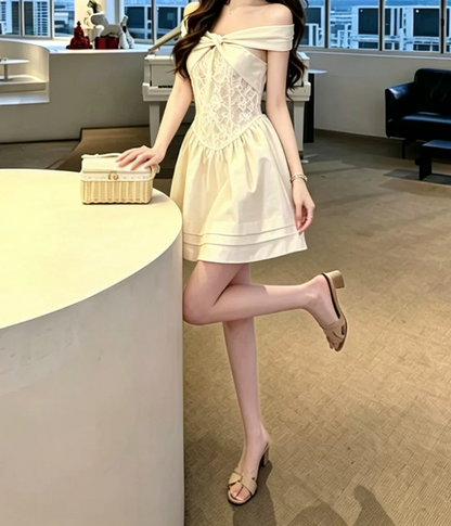 Attractive Off-Shoulder Homecoming Dress White Lace A-Line Party Dress C9552