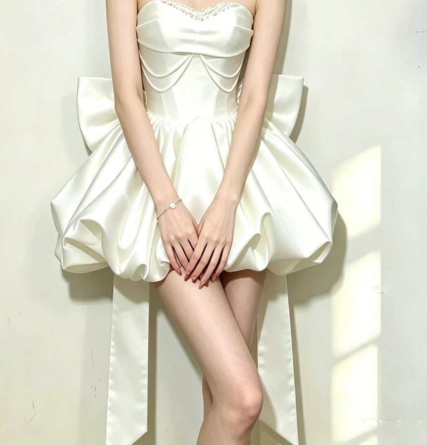 Fascinating Strapless White Homecoming Dress Sequins Satin Bow A-Line Party Dress C9554