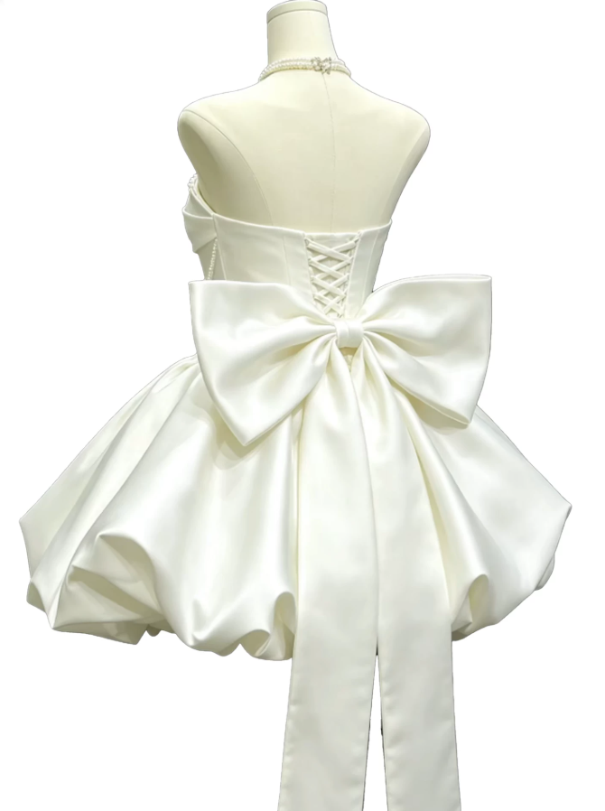 Fascinating Strapless White Homecoming Dress Sequins Satin Bow A-Line Party Dress C9554