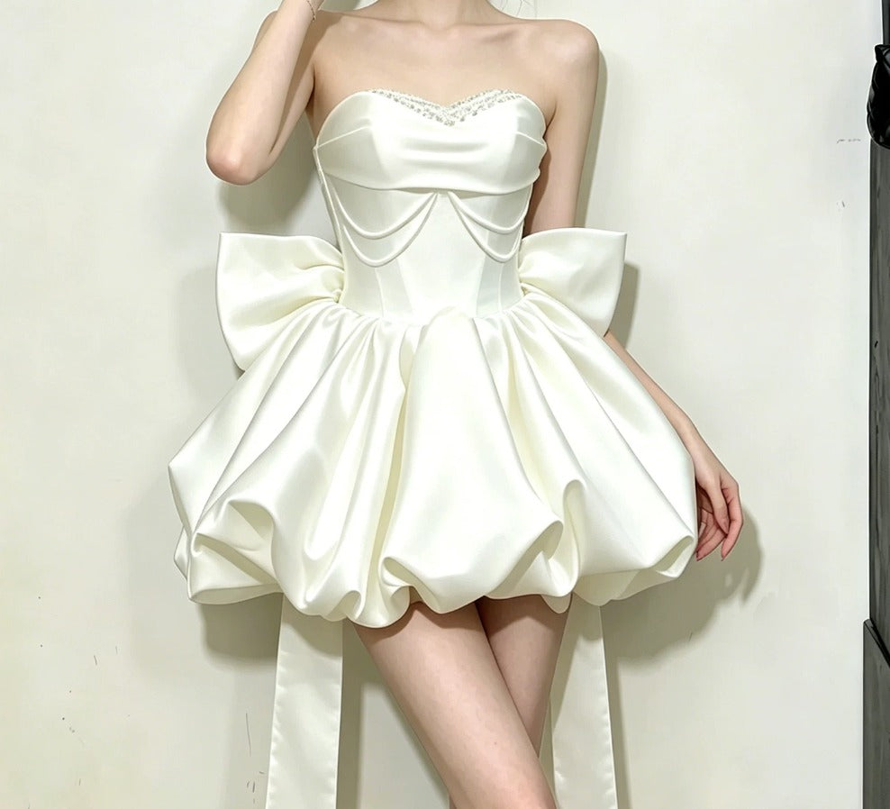 Fascinating Strapless White Homecoming Dress Sequins Satin Bow A-Line Party Dress C9554