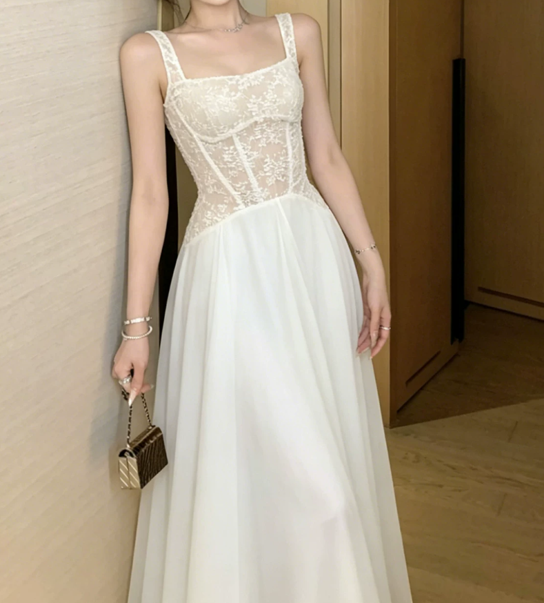 Enchanting Spaghetti Strap Prom Dress Lace White A-Line Evening Dress C9556