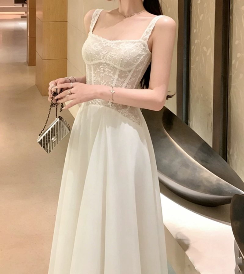 Enchanting Spaghetti Strap Prom Dress Lace White A-Line Evening Dress C9556