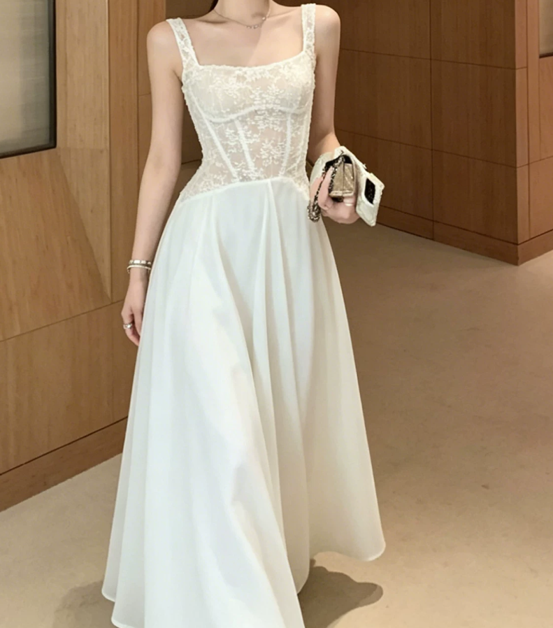 Enchanting Spaghetti Strap Prom Dress Lace White A-Line Evening Dress C9556