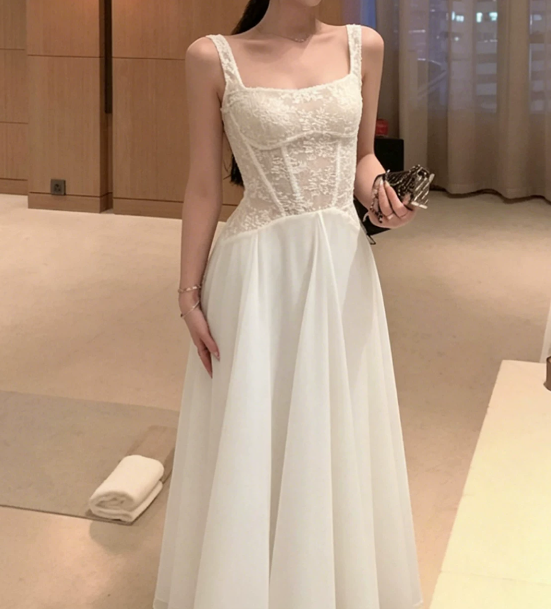 Enchanting Spaghetti Strap Prom Dress Lace White A-Line Evening Dress C9556