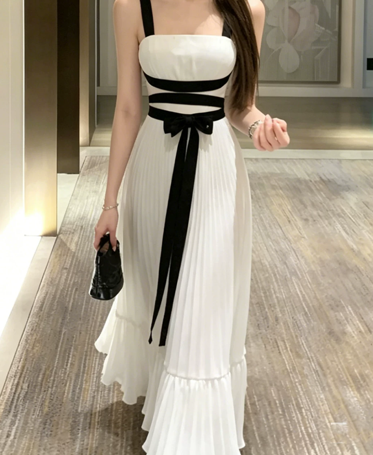 Glam Spaghetti Strap White Prom Dress Bow Pleated A-Line Evening Dress C9557