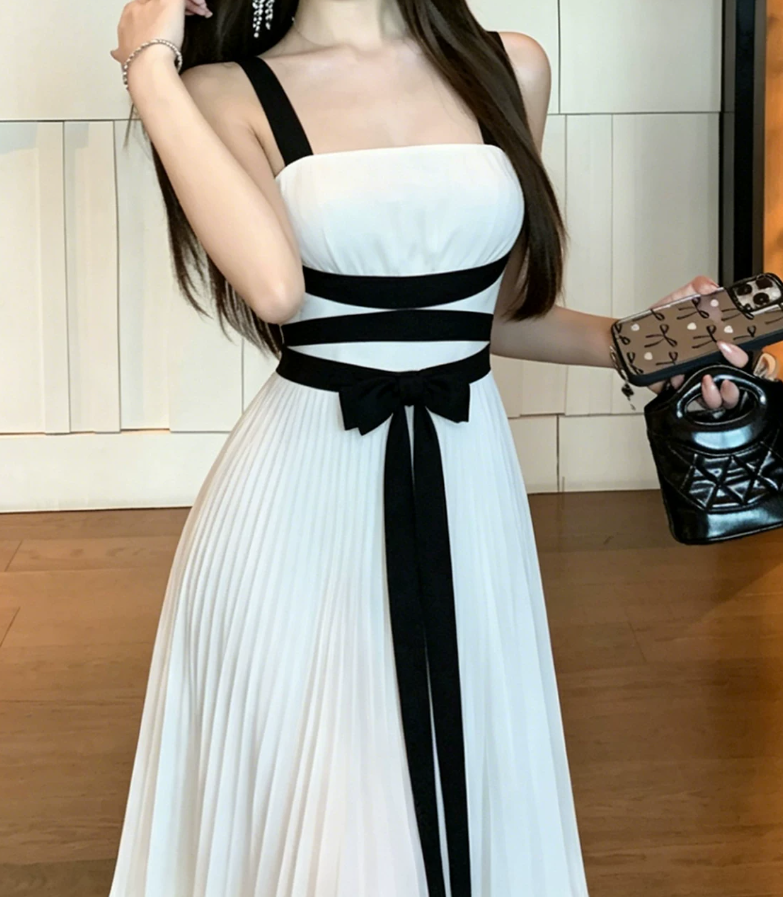 Glam Spaghetti Strap White Prom Dress Bow Pleated A-Line Evening Dress C9557