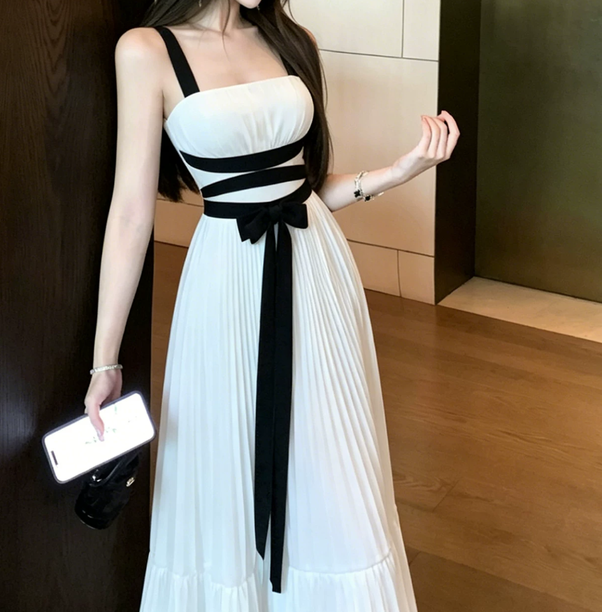 Glam Spaghetti Strap White Prom Dress Bow Pleated A-Line Evening Dress C9557