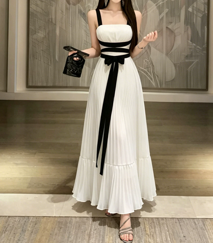 Glam Spaghetti Strap White Prom Dress Bow Pleated A-Line Evening Dress C9557