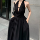 Trendy Halter Neck Prom Dress Black Backless A-Line Evening Dress C9558
