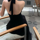 Trendy Halter Neck Prom Dress Black Backless A-Line Evening Dress C9558