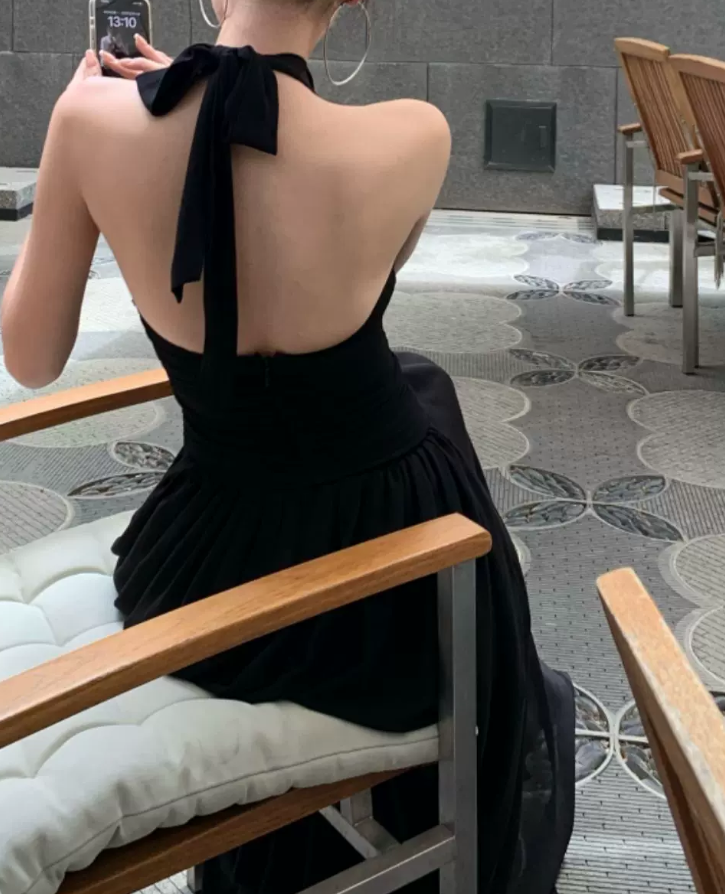 Trendy Halter Neck Prom Dress Black Backless A-Line Evening Dress C9558