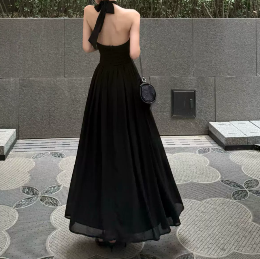 Trendy Halter Neck Prom Dress Black Backless A-Line Evening Dress C9558