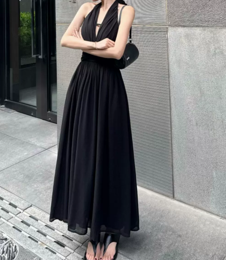 Trendy Halter Neck Prom Dress Black Backless A-Line Evening Dress C9558
