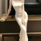 Vintage Asymmetrical Neck Prom Dress White Lace Satin Mermaid Evening Dress C9561