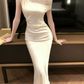 Vintage Asymmetrical Neck Prom Dress White Lace Satin Mermaid Evening Dress C9561
