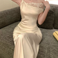 Vintage Asymmetrical Neck Prom Dress White Lace Satin Mermaid Evening Dress C9561