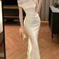 Vintage Asymmetrical Neck Prom Dress White Lace Satin Mermaid Evening Dress C9561