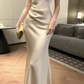 Vintage Asymmetrical Neck Prom Dress White Lace Satin Mermaid Evening Dress C9561