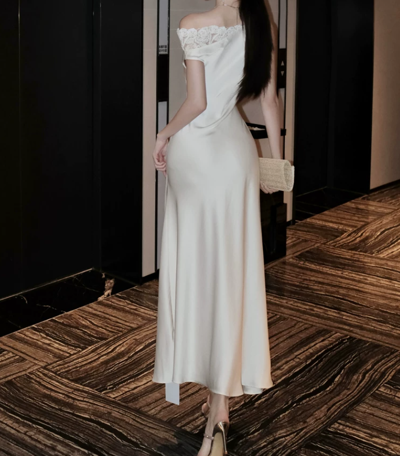 Vintage Asymmetrical Neck Prom Dress White Lace Satin Mermaid Evening Dress C9561