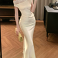Vintage Asymmetrical Neck Prom Dress White Lace Satin Mermaid Evening Dress C9561