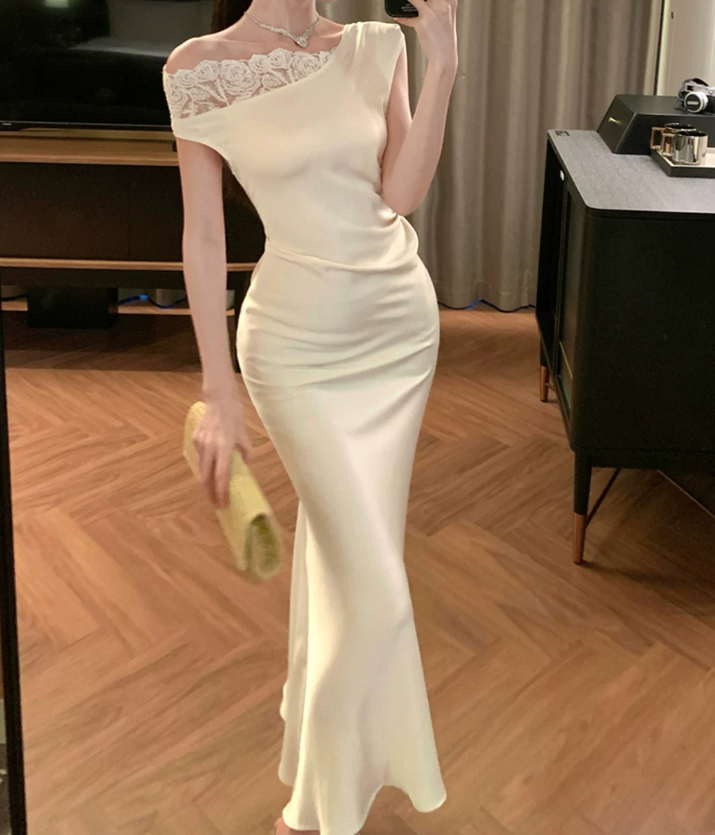 Vintage Asymmetrical Neck Prom Dress White Lace Satin Mermaid Evening Dress C9561