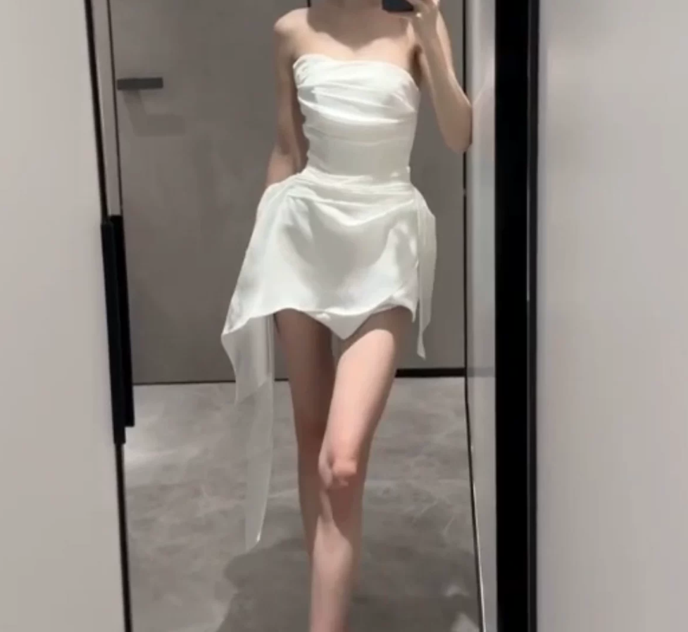 Chic Strapless White Homecoming Dress Satin A-Line Party Dress C9562