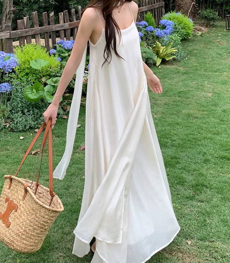 Simple Spaghetti Straps Wedding Dresses With Scarf White A-Line Bridal Dress C9563