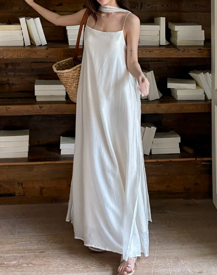 Simple Spaghetti Straps Wedding Dresses With Scarf White A-Line Bridal Dress C9563