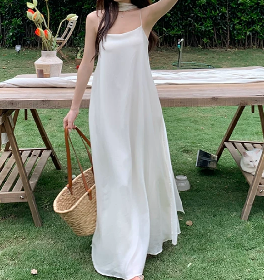 Simple Spaghetti Straps Wedding Dresses With Scarf White A-Line Bridal Dress C9563