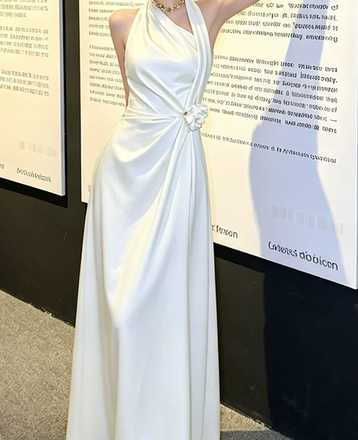 Romantic Halter Neck Floral Wedding Dresses White Satin A-Line Bridal Dress C9565