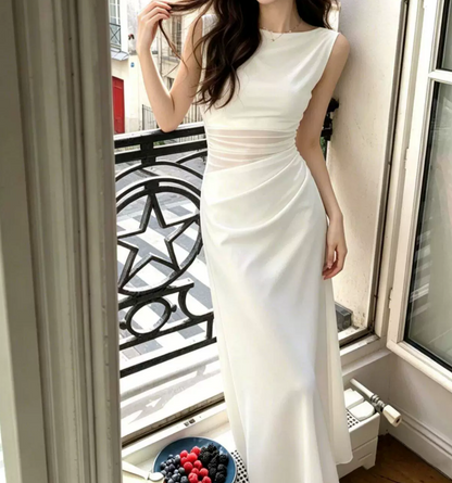 Sleek Jewel Neck Prom Dress White A-Line Evening Dress C9572