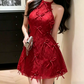 Lovely Halter Neck Red Homecoming Dress Bows A-Line Party Dress C9575